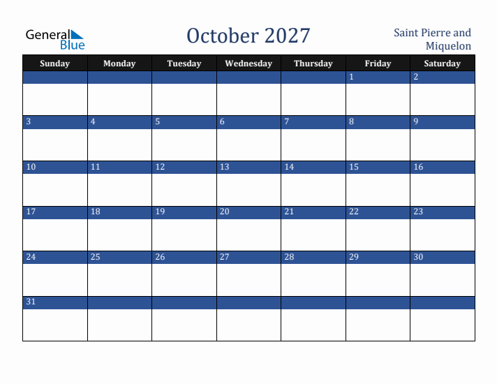 October 2027 Saint Pierre and Miquelon Calendar (Sunday Start)