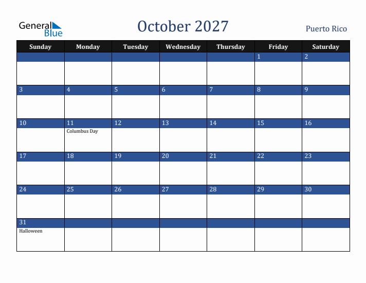 October 2027 Puerto Rico Calendar (Sunday Start)