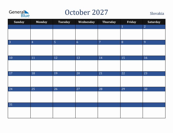 October 2027 Slovakia Calendar (Sunday Start)