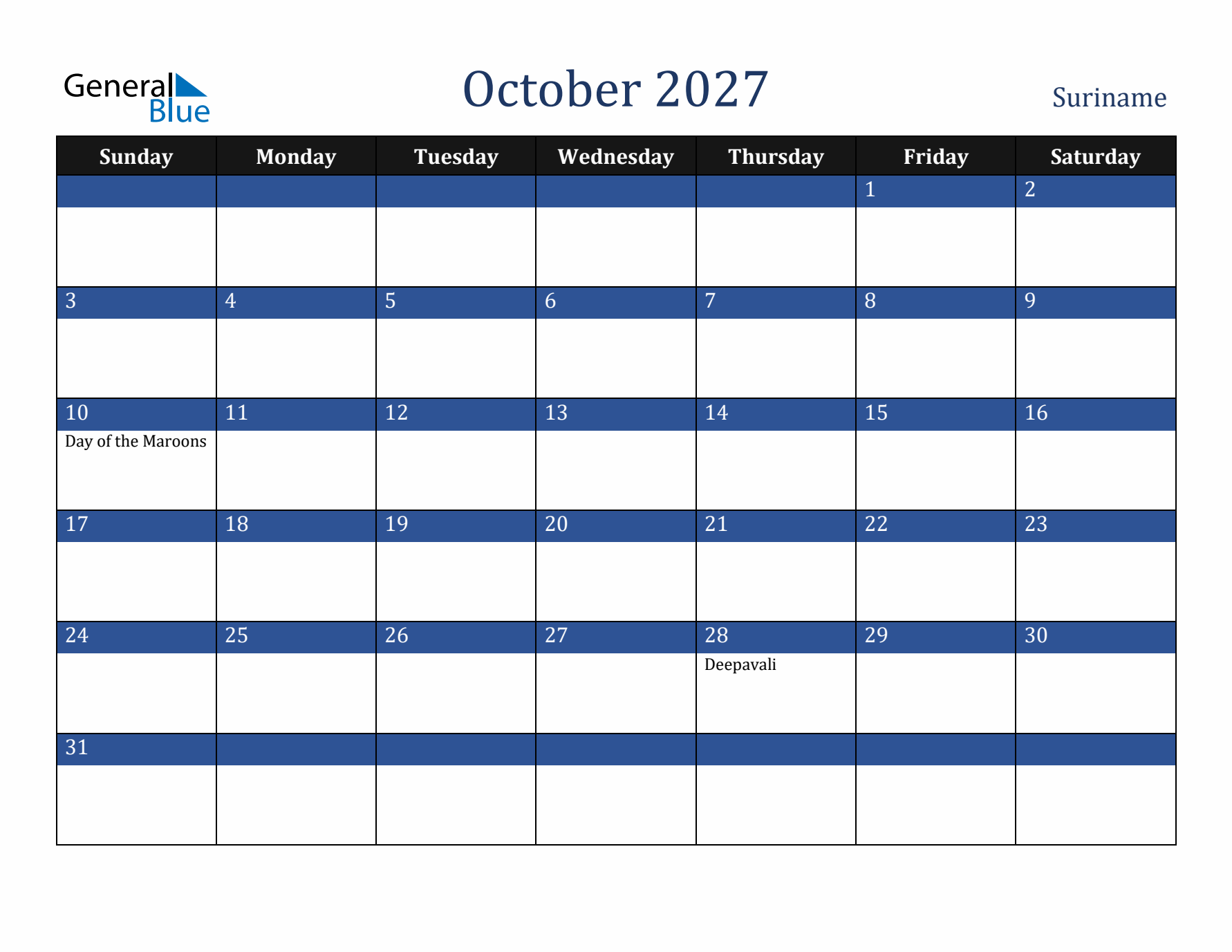 October 2027 Suriname Calendar (Sunday Start)
