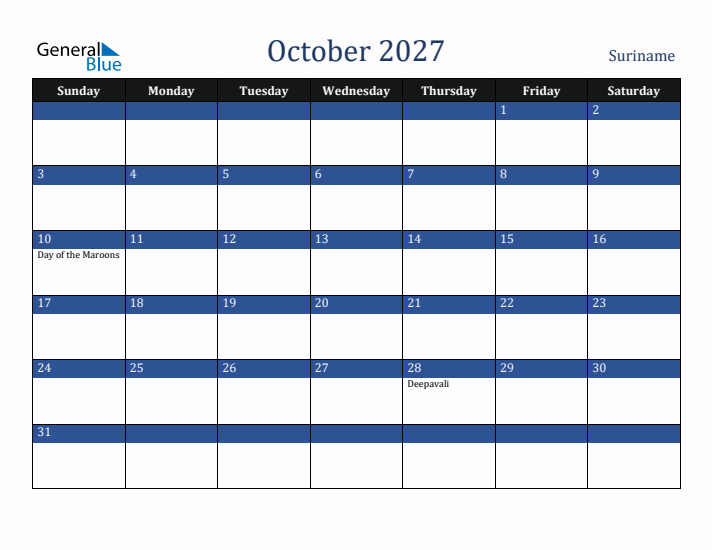 October 2027 Suriname Calendar (Sunday Start)