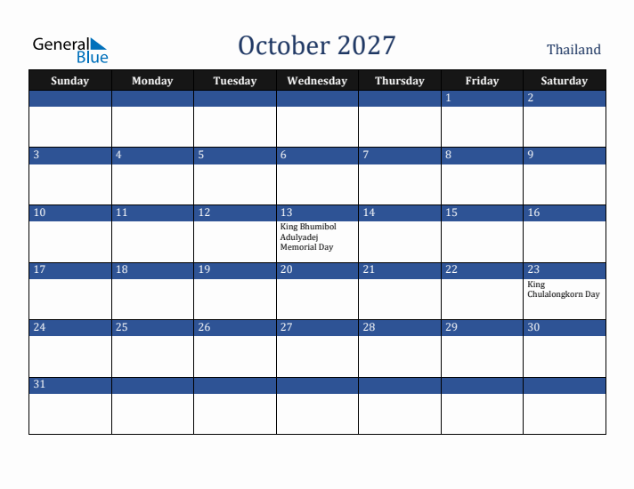 October 2027 Thailand Calendar (Sunday Start)