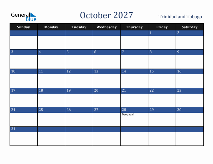 October 2027 Trinidad and Tobago Calendar (Sunday Start)