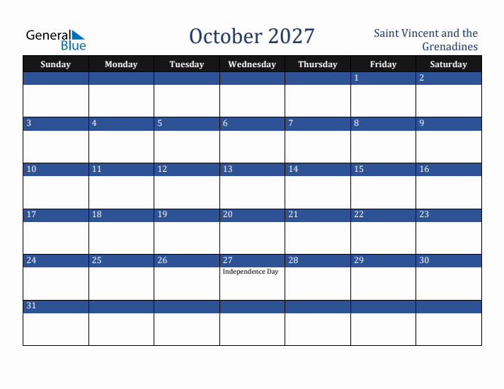 October 2027 Saint Vincent and the Grenadines Calendar (Sunday Start)