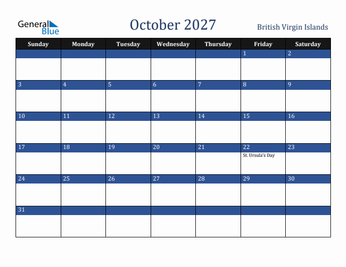 October 2027 British Virgin Islands Calendar (Sunday Start)