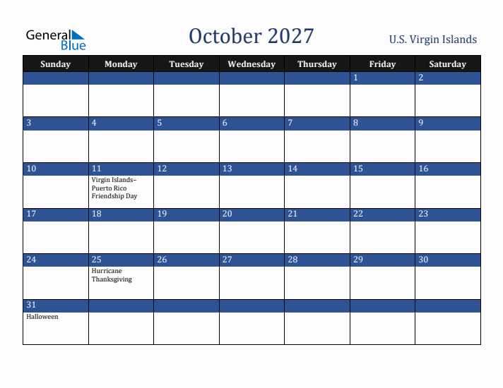 October 2027 U.S. Virgin Islands Calendar (Sunday Start)