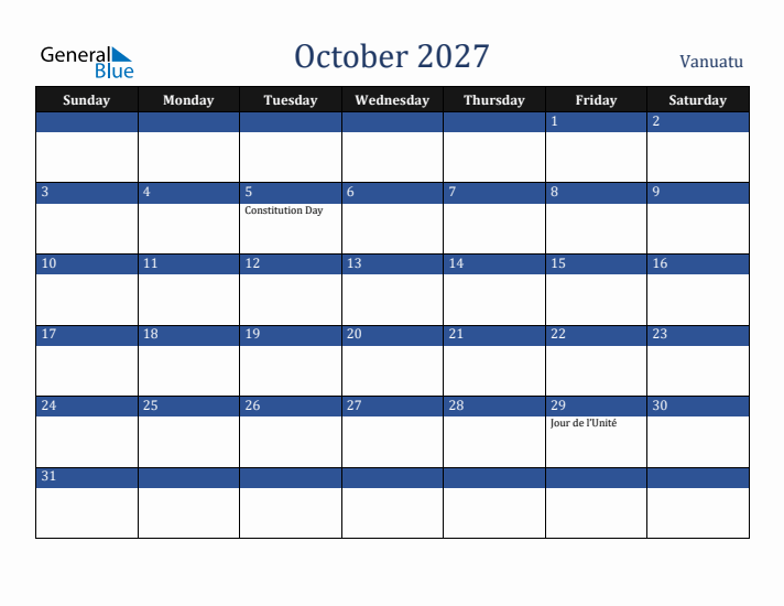 October 2027 Vanuatu Calendar (Sunday Start)