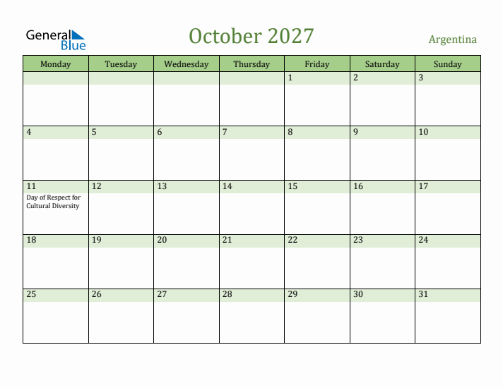 October 2027 Calendar with Argentina Holidays
