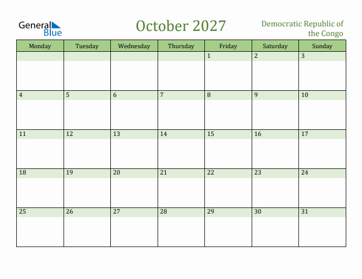 October 2027 Calendar with Democratic Republic of the Congo Holidays