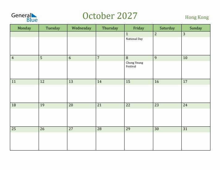 October 2027 Calendar with Hong Kong Holidays