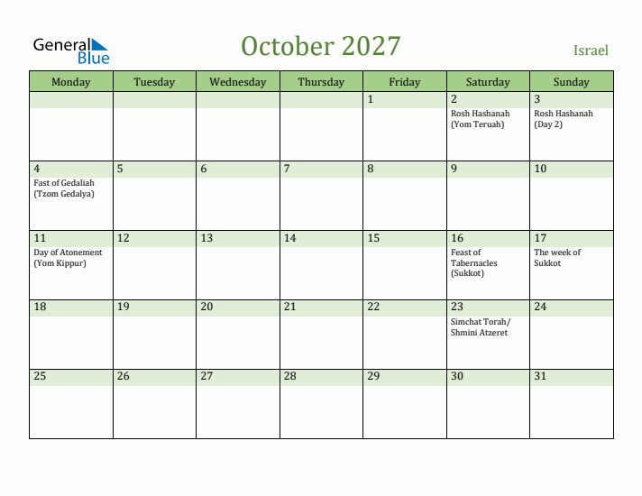 October 2027 Calendar with Israel Holidays