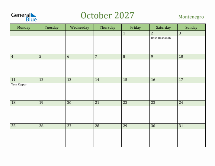 October 2027 Calendar with Montenegro Holidays