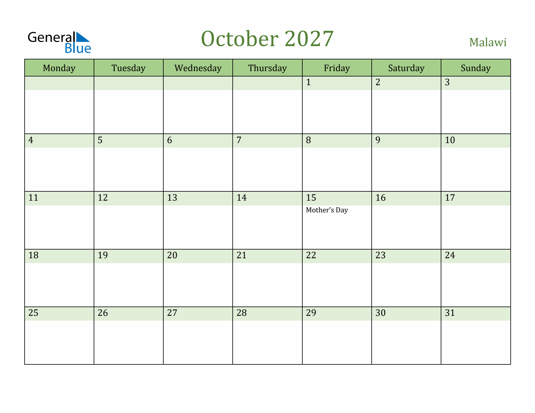 October 2027 Calendar with Malawi Holidays