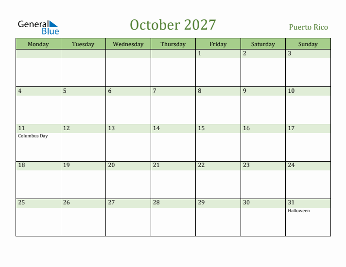 October 2027 Calendar with Puerto Rico Holidays