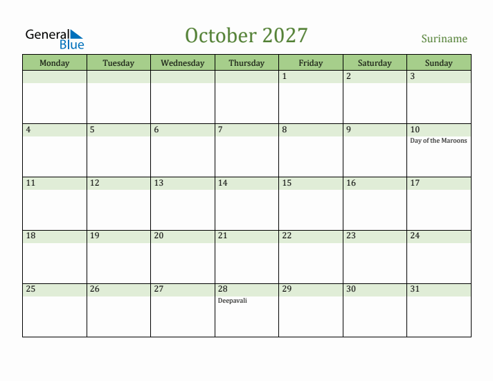 October 2027 Calendar with Suriname Holidays