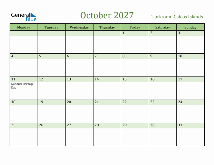 October 2027 Calendar with Turks and Caicos Islands Holidays