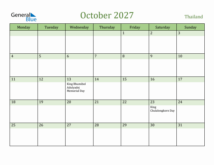 October 2027 Calendar with Thailand Holidays