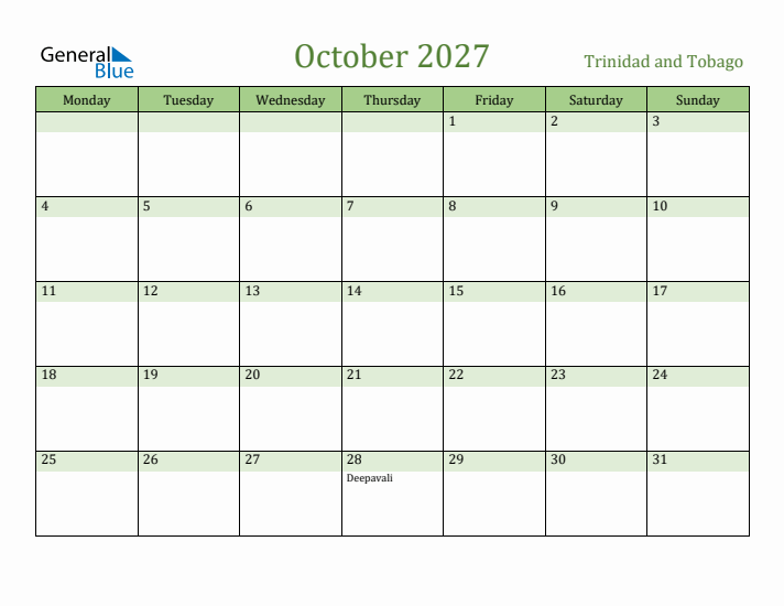 October 2027 Calendar with Trinidad and Tobago Holidays