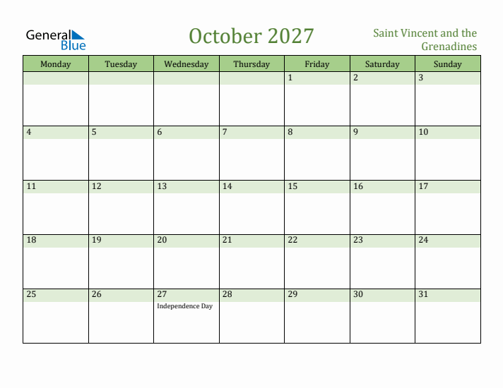 October 2027 Calendar with Saint Vincent and the Grenadines Holidays