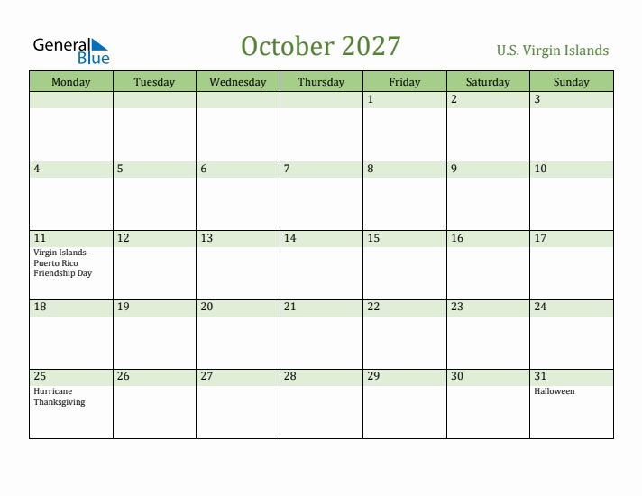 October 2027 Calendar with U.S. Virgin Islands Holidays