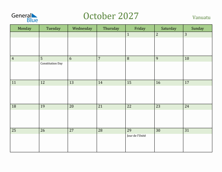 October 2027 Calendar with Vanuatu Holidays