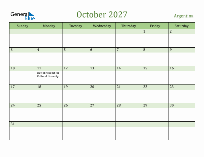 October 2027 Calendar with Argentina Holidays