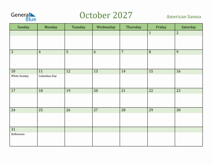 October 2027 Calendar with American Samoa Holidays