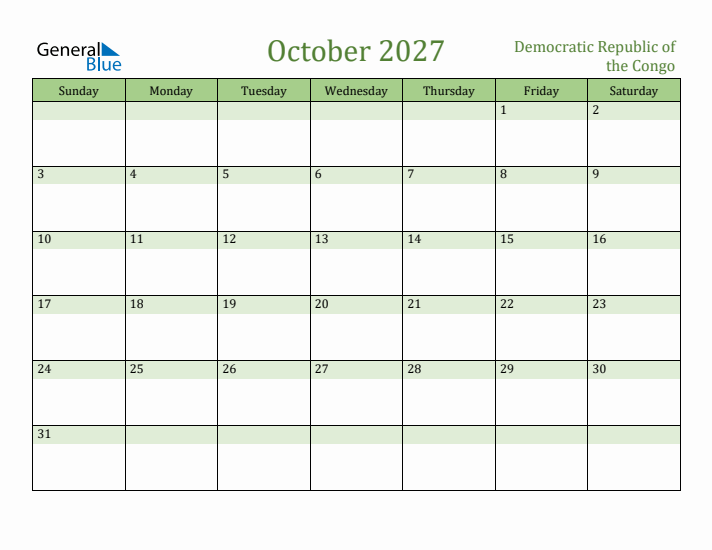 October 2027 Calendar with Democratic Republic of the Congo Holidays