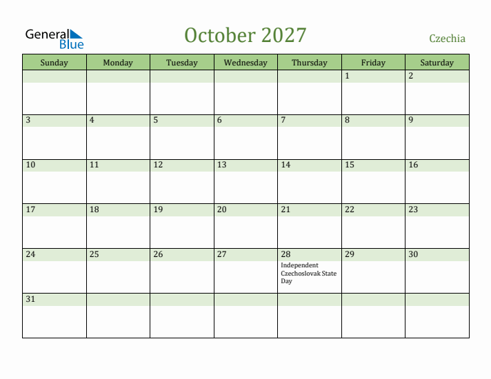 October 2027 Calendar with Czechia Holidays