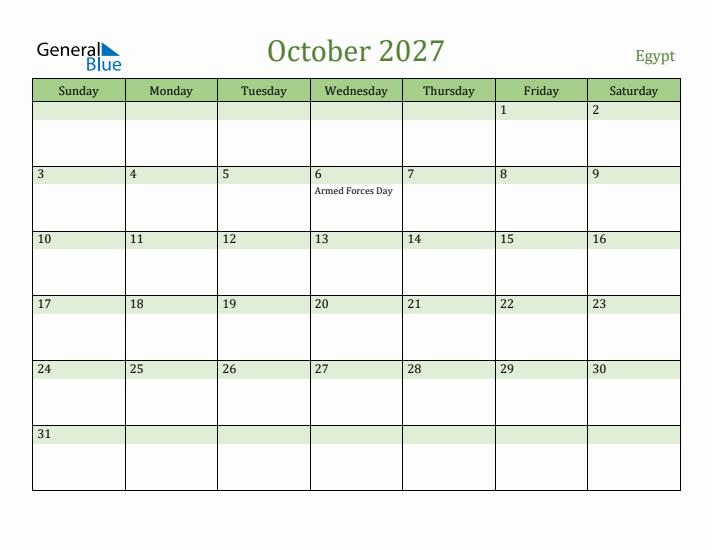 October 2027 Calendar with Egypt Holidays