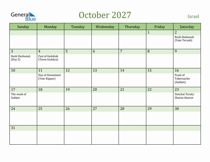October 2027 Calendar with Israel Holidays