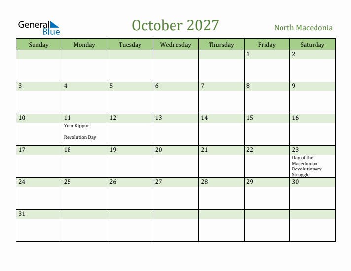 October 2027 Calendar with North Macedonia Holidays