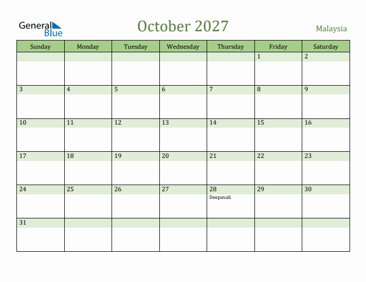 October 2027 Calendar with Malaysia Holidays