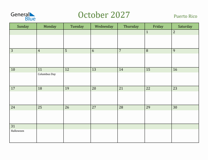 October 2027 Calendar with Puerto Rico Holidays