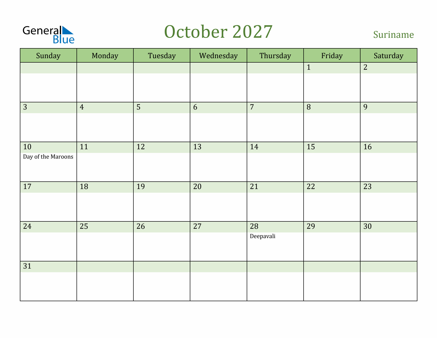 October 2027 Calendar with Suriname Holidays