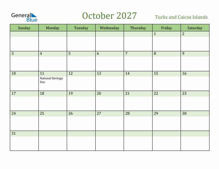 October 2027 Calendar with Turks and Caicos Islands Holidays