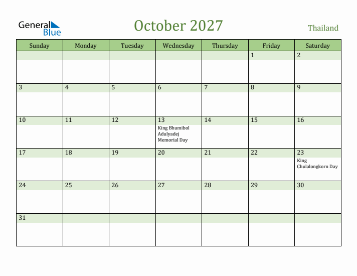 October 2027 Calendar with Thailand Holidays