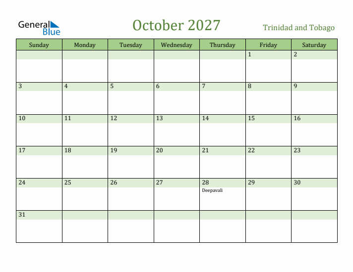 October 2027 Calendar with Trinidad and Tobago Holidays