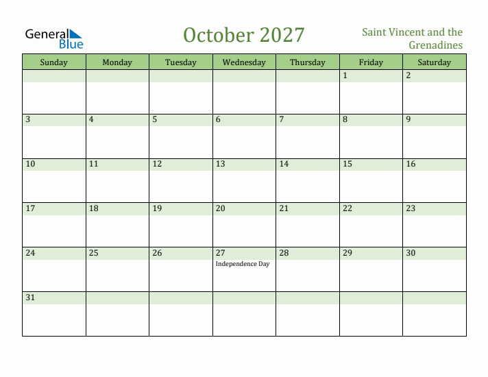 October 2027 Calendar with Saint Vincent and the Grenadines Holidays
