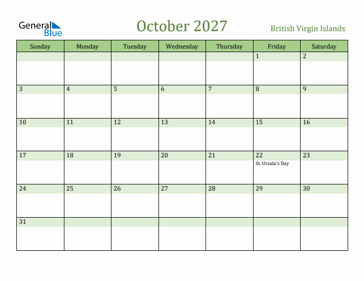 October 2027 Calendar with British Virgin Islands Holidays