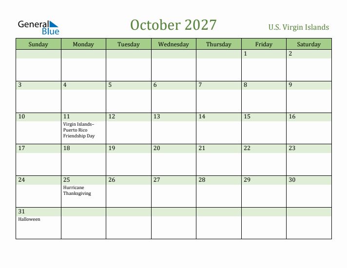 October 2027 Calendar with U.S. Virgin Islands Holidays
