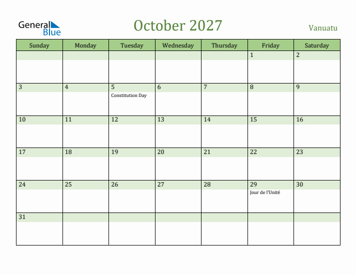 October 2027 Calendar with Vanuatu Holidays