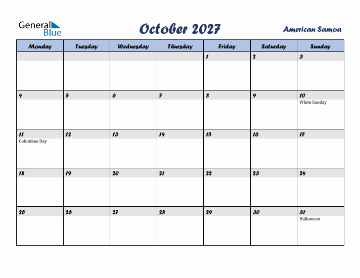 October 2027 Calendar with Holidays in American Samoa