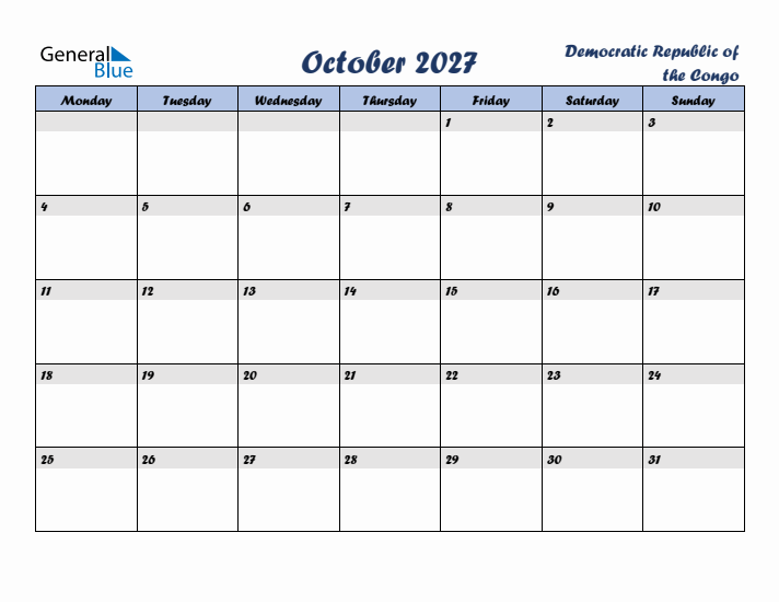 October 2027 Calendar with Holidays in Democratic Republic of the Congo