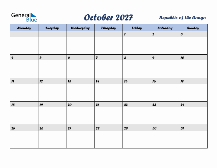 October 2027 Calendar with Holidays in Republic of the Congo