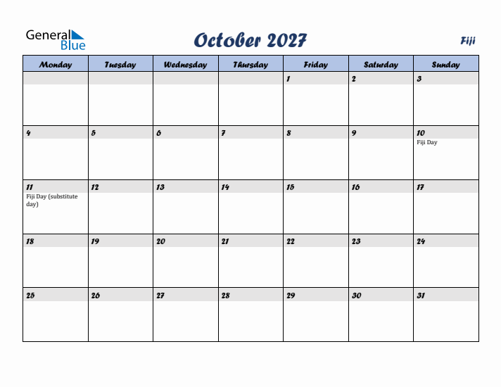 October 2027 Calendar with Holidays in Fiji