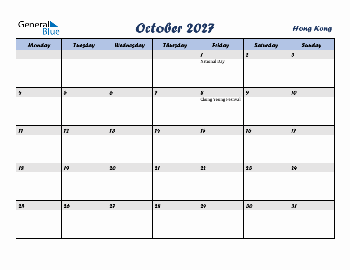 October 2027 Calendar with Holidays in Hong Kong