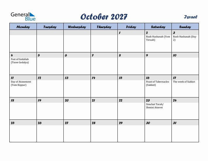 October 2027 Calendar with Holidays in Israel