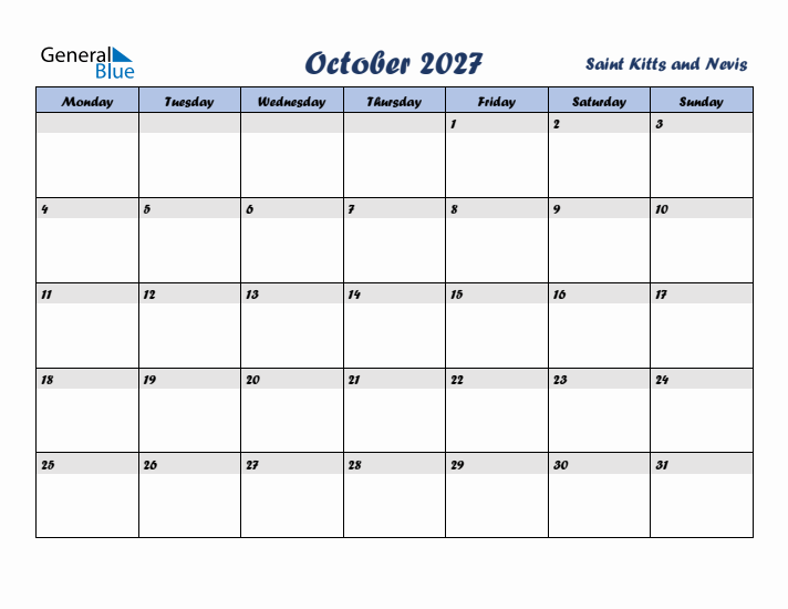 October 2027 Calendar with Holidays in Saint Kitts and Nevis
