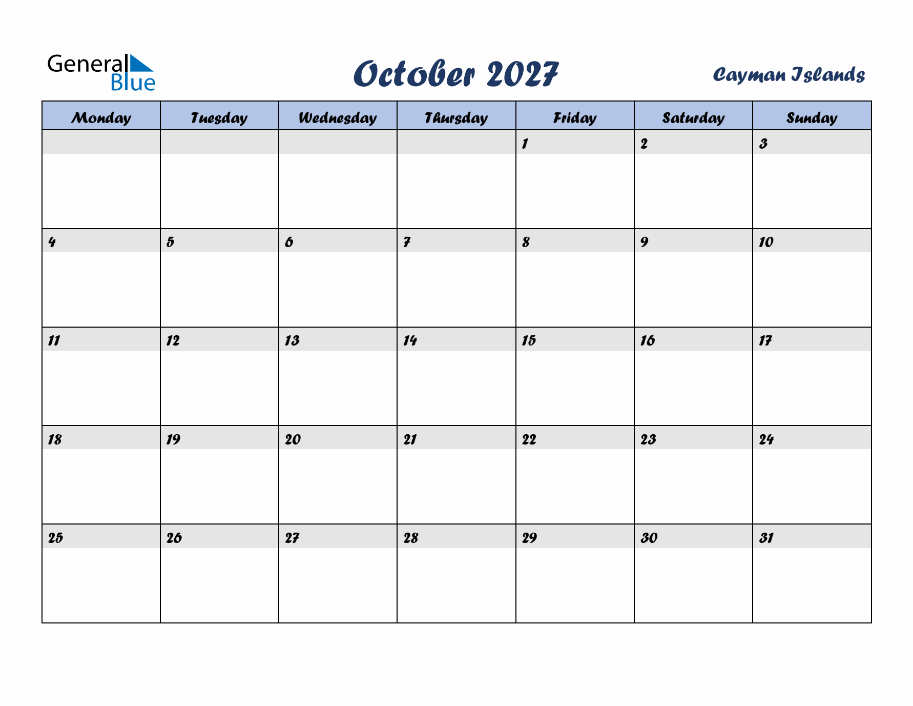 October 2027 Calendar with Holidays in Cayman Islands